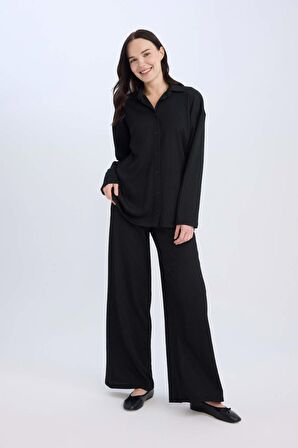 Straight Fit Beli Lastikli Basic Düz Bürümcük Geniş Paça Pantolon