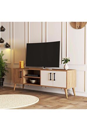 1584 Exxen 150 Cm Ahşap Ayaklı Tv Ünitesi Sepet-beyaz