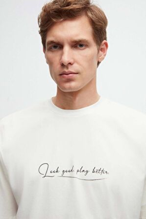 Oversize Beyaz Baskılı %100 Pamuk T-shirt 2EC14ORT05211