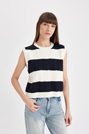 DeFacto Regular Fit Çizgili Bisiklet Yaka Triko Süveter C9042AX24WNER105