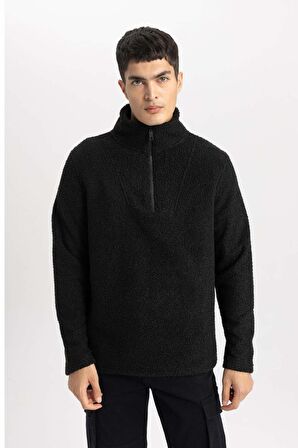 DeFacto Regular Fit Dik Yaka Fermuarlı Pelüş Sweatshirt B6493AX24SPBK81