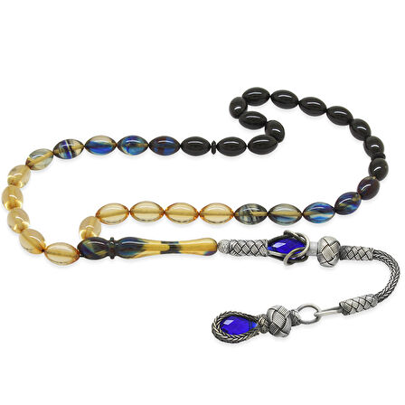 1000 Ayar Gümüş Kazaz Püsküllü Arpa Kesim Süzme Mavi-Beyaz Ateş Kehribar Tesbih