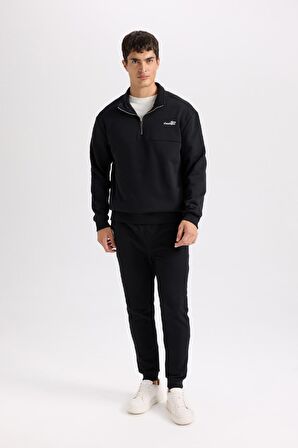 DeFacto Relax Fit Dik Yaka Fermuarlı Baskılı Kalın Sweatshirt D2164AX24AUBK81