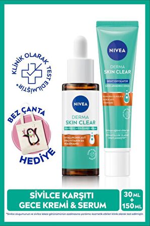 NIVEA Sivilce Karşıtı Derma Skin Clear Dengeleyici Cilt Serumu 30ml ve Gece Arındırıcı Krem 40ml, Bez Çanta Hediye