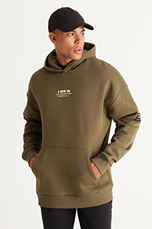 Erkek Haki Oversize Fit Bol Kesim Kapüşonlu Içi Polarlı 3 Iplik Pamuklu Sweatshirt
