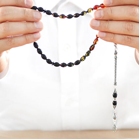 925 Ayar Gümüş Püsküllü Arpa Kesim Süzme Bala-Siyah Ateş Kehribar Tesbih