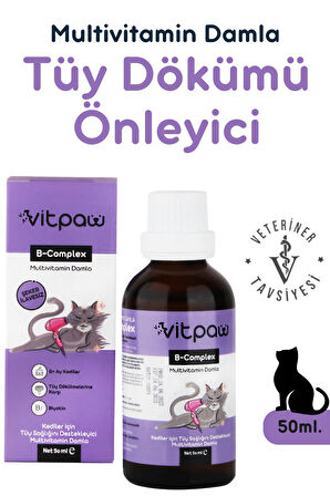 Vitpaw B+ Complex Damla 50 ml. Kediler için Tüy Sağlığını Destekleyici (Biotin & Çinko Multivitamin Damla)