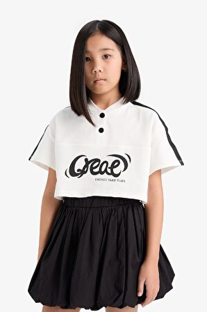 DeFacto Kız Çocuk Crop Bisiklet Yaka Düğmeli Baskılı Kısa Kollu Tişört E1881A825SMER85