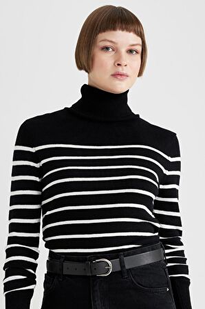 DeFacto Regular Fit Çizgili Balıkçı Yaka Triko Kazak C1650AX23WNBK27