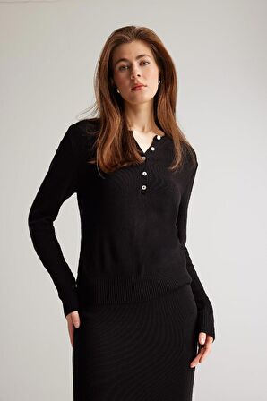 Fitted Bisiklet Yaka Basic Düz Siyah Triko Kazak