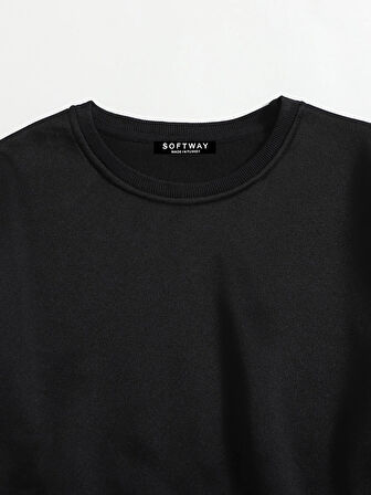 Kadın Basic Crop İçi Polarlı Oversize Sweatshirt - SİYAH