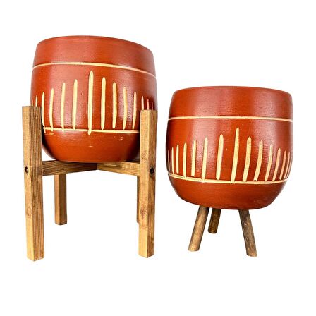 Ev Dekorasyon Aksesuar Dik Çizgi Desenli Toprak Saksı Saksılık Salon Çiçeklik İkili Set 3 Ayaklı- 4 Ayaklı- 19 CM