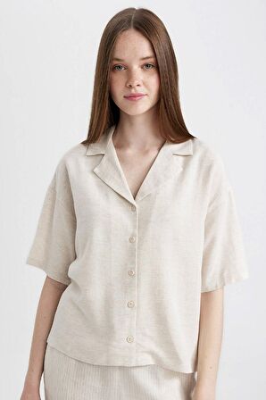 DeFacto Oversize Geniş Kalıp Pijama Yaka Keten Karışımlı Kısa Kollu Gömlek U2927AZ24SMER234