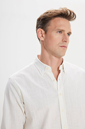 Comfort Fit Rahat Kesim Gizli Düğme Yaka %100 Pamuk Flamlı Gömlek