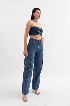 Kadın Kargo Cepli Jean Pantolon Mavi