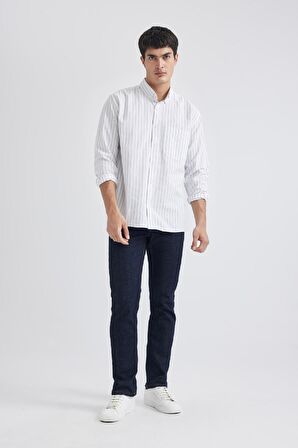 DeFacto Relax Fit Polo Yaka Çizgili Oxford Uzun Kollu Gömlek B3679AX24SPIN34