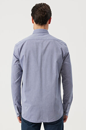 Erkek Lacivert Slim Fit Dar Kesim Düğmeli Yaka Desenli Gömlek