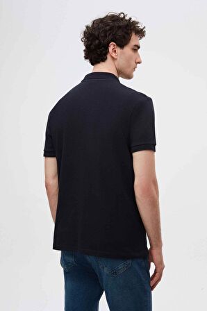 Regular Fit Lacivert Pike Dokulu %100 Pamuk Kıvrılmaz Polo Yaka Nakışlı T-shirt 4HC14ORT51000