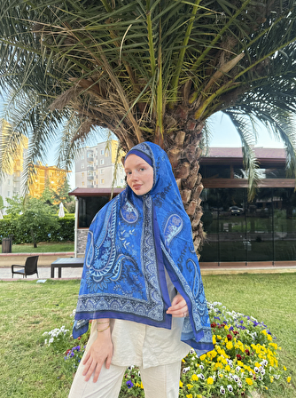 Kamer Scarf Modal Soft Serisi Etnik Desen Şal Saks Mavisi