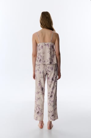 Pastel Bej Petal Saten Çiçekli Pijama Altı