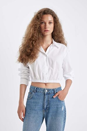 DeFacto Oversize Geniş Kalıp Basic Düz Etek Ucu Lastikli Poplin Uzun Kollu Gömlek D4006AX24AUWT34