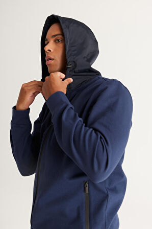 Erkek Lacivert Standart Fit Normal Kesim Kapüşonlu Fermuarlı Sweatshirt