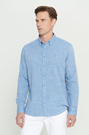 Comfort Fit Rahat Kesim %100 Pamuk Gizli Düğme Yaka Desenli Gömlek