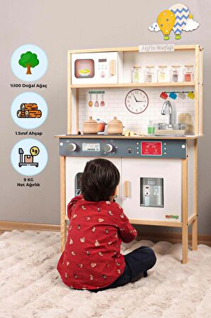 Ledli Ahşap Oyuncak Mutfak ~ Montessori Mutfak, Çocuk Mutfağı, Hediye Halı DBK101