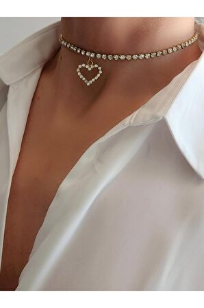 Kristal Taşlı Kalp Love Altın Kaplama Gold Sarı Renkli Choker Kolye