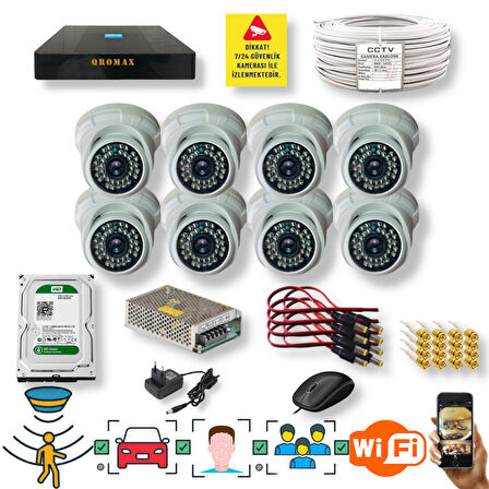 8 Kameralı Set - Araç İnsan Yüz Hareket Algılayan Gece Görüşlü 36 IR Led 5MP Sony Lensli 1080P Dome Güvenlik Kamerası Seti D136b