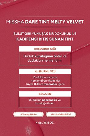 Uzun Süre Kalıcı, Bulaşma Yapmayan, Kadifemsi Bitiş Sunan Tint Dare Tint Melty Velvet (Rosy Lofi)