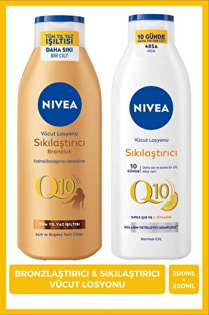 Nivea Q10 Sıkılaştırıcı Vücut Losyonu 250ml ve Bronzlaştırıcı Losyon 200ml, Nemlendirici, C Vitamini