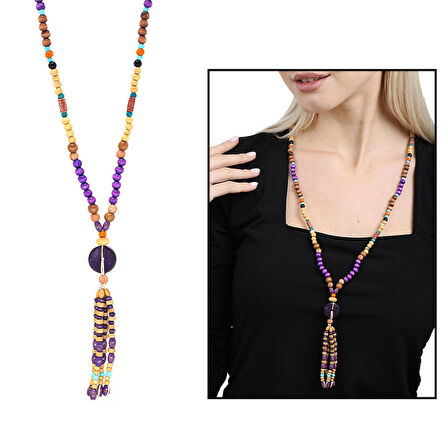 Tesbihane El Yapımı Etnik Ahşap Kombinli Mor Renk Geçişli Tekerlek Detaylı Otantik Kolye