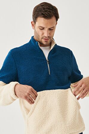 Erkek Petrol Tas Standart Fit Bato Yaka Kanguru Cepli Çift Renkli Sherpa Polar Sweatshirt