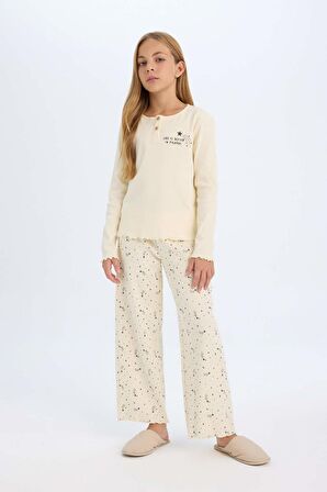 Kız Çocuk Regular Fit Fitilli Kaşkorse Baskılı Uzun Kollu Pijama Takımı