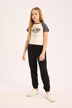 DeFacto Kız Çocuk PowerPuff Girls Cropped Fit Bisiklet Yaka Fitilli Kaşkorse Kısa Kollu Tişört E0482A825SPER99