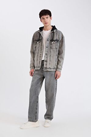 DeFacto Oversize Geniş Kalıp Kapüşonlu Düğmeli Mevsimlik Baharlık Jean Ceket D0416AX24AUNM55
