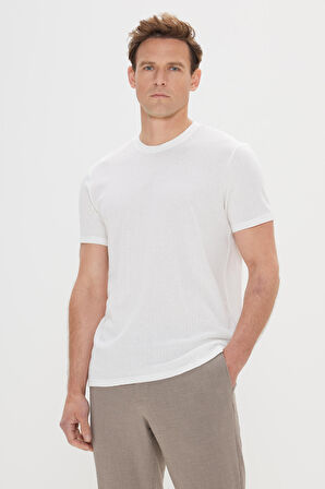 Slim Fit Dar Kesim %100 Pamuk Armürlü Bisiklet Yaka Tişört