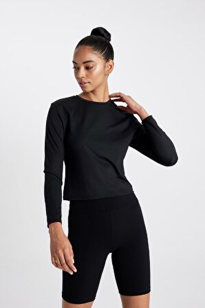 DeFactoFit Slim Fit Dar Kesim Bisiklet Yaka Baskılı Sporcu Uzun Kollu Tişört C8366AX24HSBK81