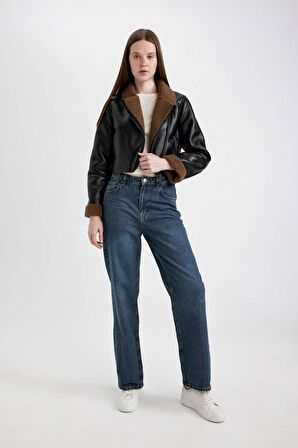 DeFacto Su İtici Regular Kalıp Fermuarlı İçi Suni Kürklü Kısa Suni Deri Mont C1238AX24WNBK27