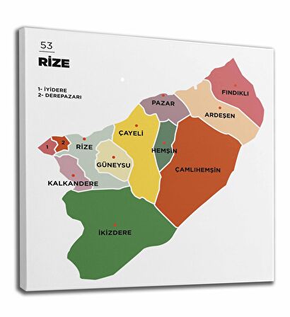 Rize İli ve İlçeler Haritası Dekoratif Kanvas Tablo 1440