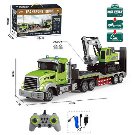 Uzaktan Kumandalı Şarjlı İş Makinası Taşıyan Tır İkili Kontrol Edilebilir RC Set