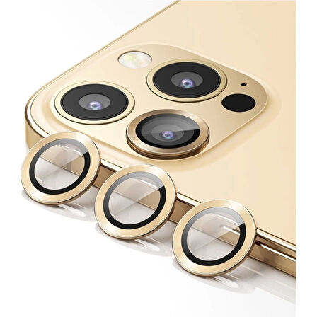 Apple iPhone 11 Pro Kamera Koruyucu Lens Mercek Metal Çerçeveli 3lü Set Gold Altın