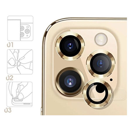 Apple iPhone 11 Pro Kamera Koruyucu Lens Mercek Metal Çerçeveli 3lü Set Gold Altın