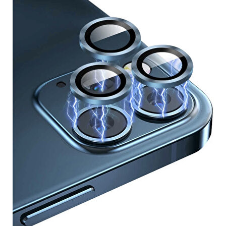 Apple iPhone 11 Pro Max Kamera Koruyucu Lens Mercek Metal Çerçeveli 3lü Set Mavi Blue
