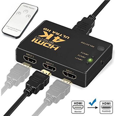 Özentek HDMI Çoklayıcı 3 Port 4K Kumandalı Ultra Hd HDMI Switch Splitter