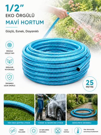 Beylini 1/2" 25 Metre Örgülü Bahçe Hortumu Balkon Bahçe Sulama Temizlik Araç Yıkama Su Hortumu Dolanmaz Kırılmaz Mavi