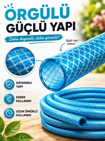 Beylini 1/2" 25 Metre Örgülü Bahçe Hortumu Balkon Bahçe Sulama Temizlik Araç Yıkama Su Hortumu Dolanmaz Kırılmaz Mavi