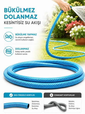 Beylini 1/2" 25 Metre Örgülü Bahçe Hortumu Balkon Bahçe Sulama Temizlik Araç Yıkama Su Hortumu Dolanmaz Kırılmaz Mavi