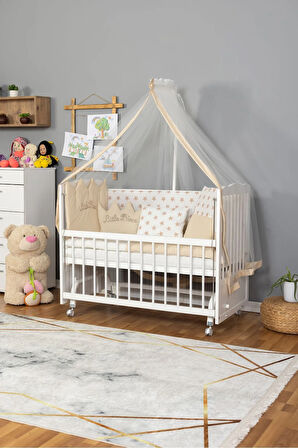 Ahşap Beşik Anne Yanı Beşik Beyaz 60x120 Krem Prens (ERKEK) Uyku Seti Yatak Tekerlekli